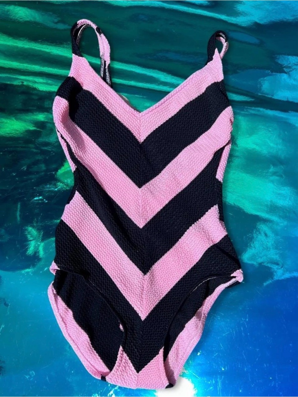 VTG Pink and Black Chevron One-Piece Swimsuit size 12